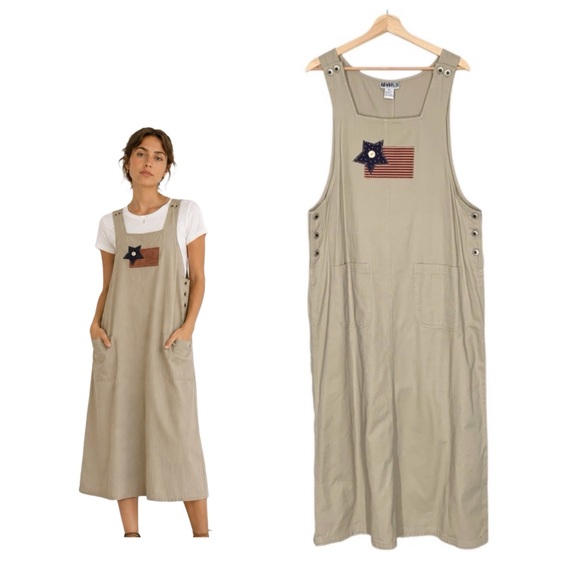 Vintage Dresses & Skirts - Vintage InFocus Haiks Maxi Jumper in Tan w/ American Flag Appliqué Size XL